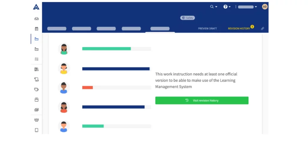 A computer screen displaying a project management tool. The interface shows user profile icons on the left, progress bars, and a note stating, 