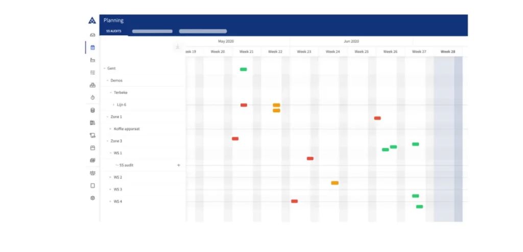 A project planning spreadsheet with tasks assigned across various weeks from mid-May to early July. The tasks are color-coded in red, orange, yellow, and green, representing different stages of completion. The left column lists task categories and project names.