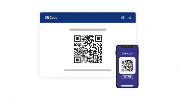 An image displays a QR code on a computer screen with a blue header labeled 