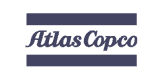 Atlas Copco logo with the company name in a stylized blue font on a white background, with blue horizontal bars above and below the text.