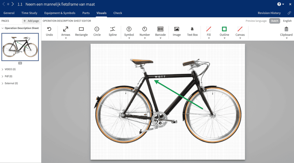 Screenshot of a diagram on a software interface showing a bicycle with an instructional arrow pointing to the frame. The software menu includes tools like Arrow, Rectangle, and Circle, and options in multiple languages. In the background, the bicycle is centered on the canvas.