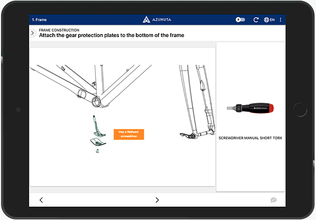 A tablet screen displays an assembly instruction for a frame from Azumuta. The instruction shows images of gear protection plates and a labeled screwdriver, with text directing to attach the plates to the frame using a flathead screwdriver.