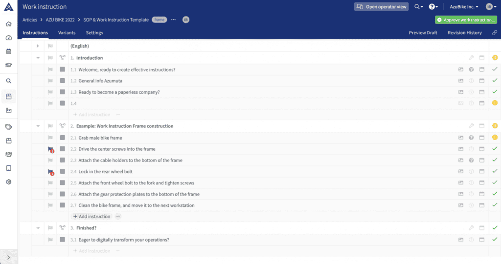 A screenshot of a work instruction template titled 