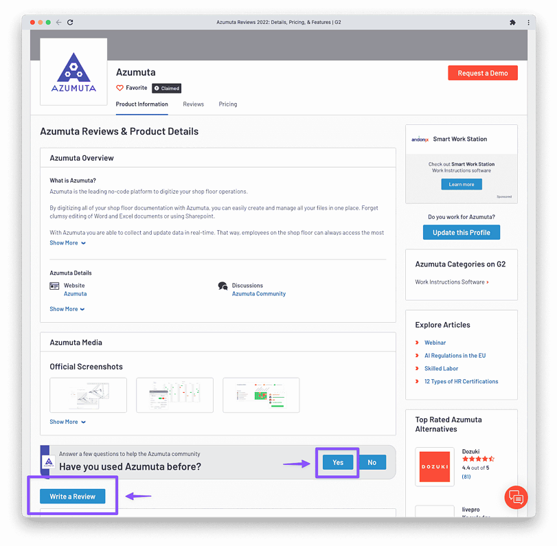 A website page for Azumuta, displaying reviews and product details. Key sections include an overview, media screenshots, option to write a review, and user ratings. There are buttons to request a demo and updates for the profile. Purple boxes and arrows highlight features.