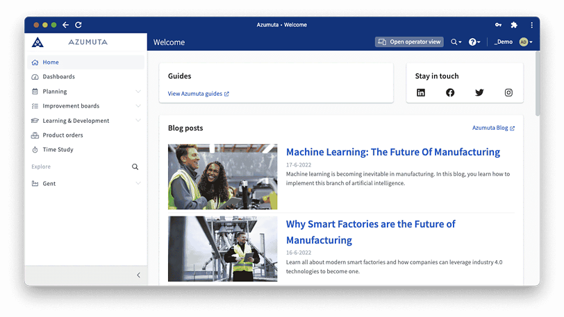 Screenshot of a dashboard from Azumuta showing a navigation panel on the left, blog posts in the center, and a 