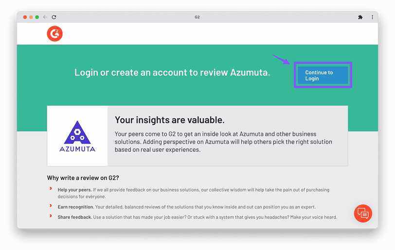 A webpage for Azumuta asking users to log in or create an account to give a review. A blue button on the right says 