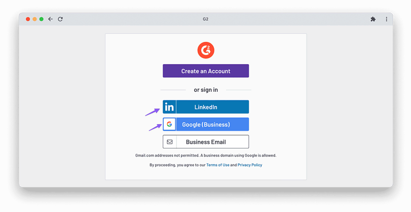 A sign-in page for G2 with options to create a new account or sign in using LinkedIn, Google (Business), or Business Email. The G2 logo is displayed at the top. There's a note about Gmail.com addresses not being permitted for business domains using Google.