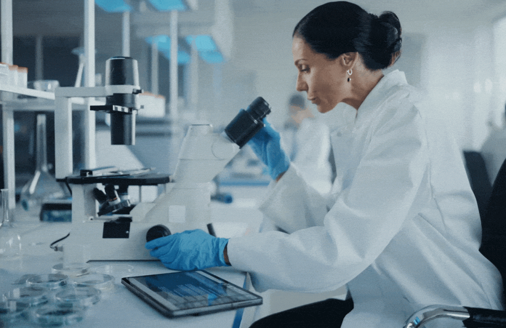Ein Wissenschaftler in einem Laborkittel und mit blauen Handschuhen schaut durch ein Mikroskop auf einem Labortisch. Auf dem Tisch stehen verschiedene Petrischalen und eine Tafel. Im Hintergrund sind Laborgeräte und eine weitere Person zu sehen, die im Labor arbeitet.
