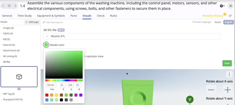 A computer screen displays a 3D modeling software interface. It shows detailed instructions to assemble washing machine components and an ongoing visualization process with a green model component. The interface includes various editing options and tools.
