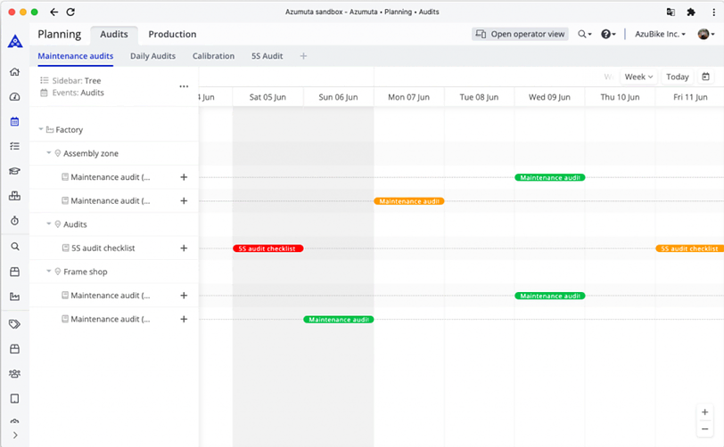 A digital schedule displayed in a planning app interface showing a timeline from Saturday, June 5, to Wednesday, June 9, with various colored tasks labeled, including maintenance periods, audits, and checklists for sectors like assembly, maintenance, and frame shop.