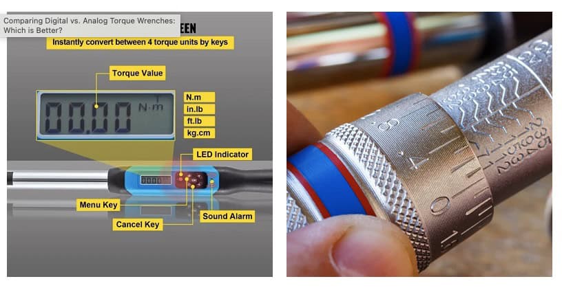 Left: An infographic comparing digital and analog torque wrenches, highlighting features such as instant torque unit conversion, LED indicator, sound alarm, torque value display, and various buttons. Right: A close-up of a textured analog torque wrench handle with engraved measurements.