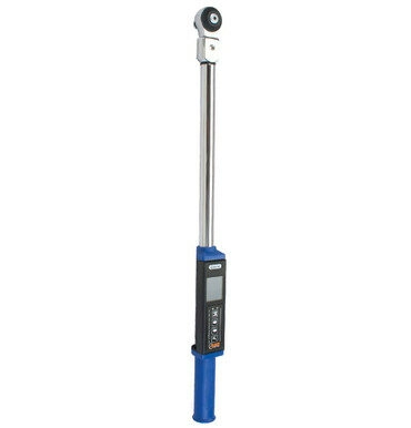 A digital torque wrench with a silver shaft and blue handle, featuring an LCD screen and control buttons on the black panel near the handle. The tool has a ratchet head at the top for tightening bolts or nuts to precise specifications.