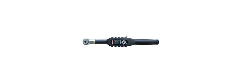 A digital torque wrench with a black handle and an LCD display screen in the center. The head of the wrench is metallic, and the body features button controls near the display for adjusting settings.