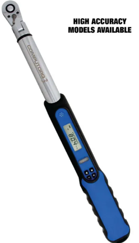 An electronic torque wrench with a digital display is shown. It has a silver body labeled 