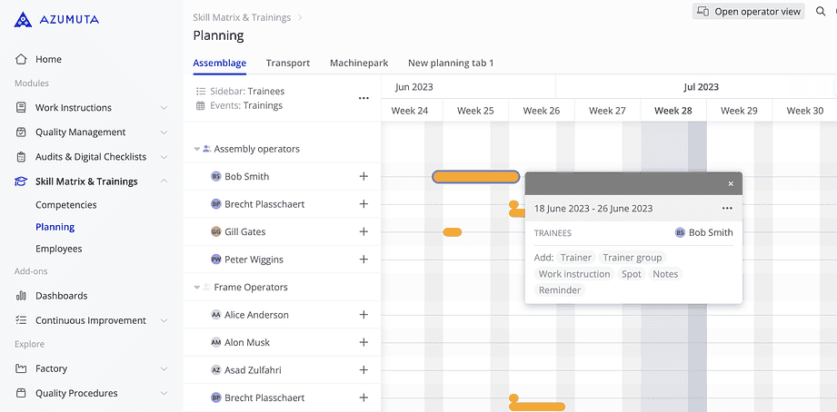 A screenshot of the Azumuta planning dashboard showing an assembler skill matrix and training schedule. The timeline spans from June to July 2023. A tooltip displays training details for 