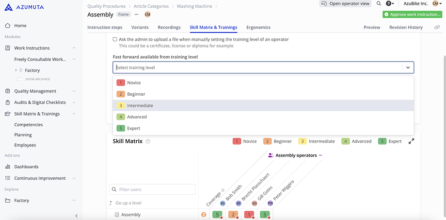 A webpage showing an assembly instruction for washing machines with a skill matrix for training levels. The dropdown menu for selecting a training level includes options: Novice, Beginner, Intermediate, Advanced, and Expert, each with corresponding colorful icons.