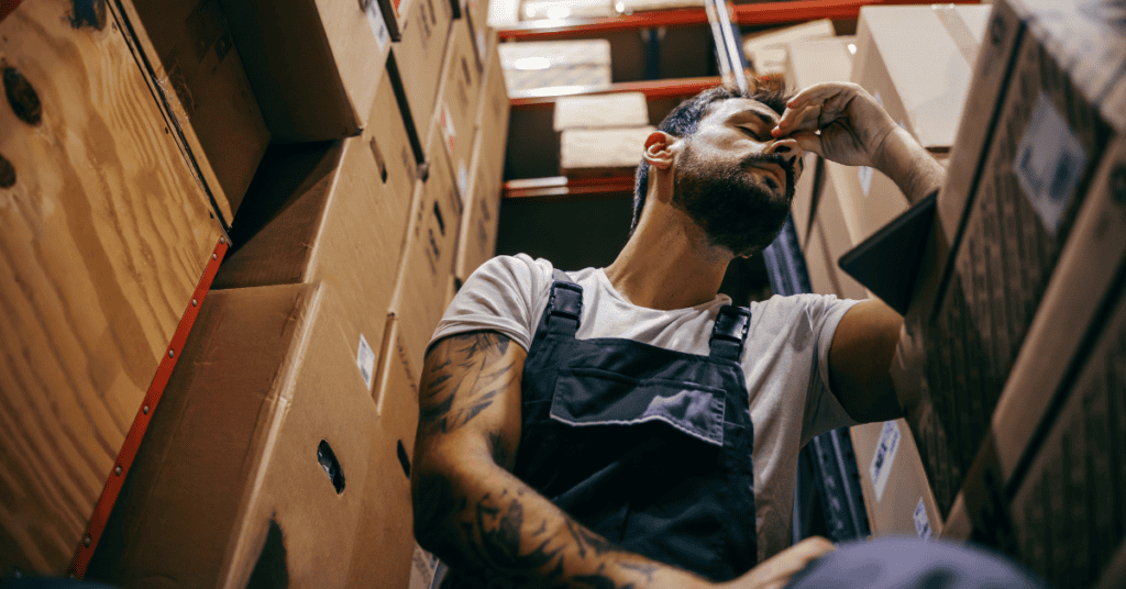 A person wearing overalls and a white t-shirt sits in a warehouse surrounded by cardboard boxes, appearing tired or stressed. They are resting their head on their hand with eyes closed. The atmosphere suggests exhaustion or a need for a break.