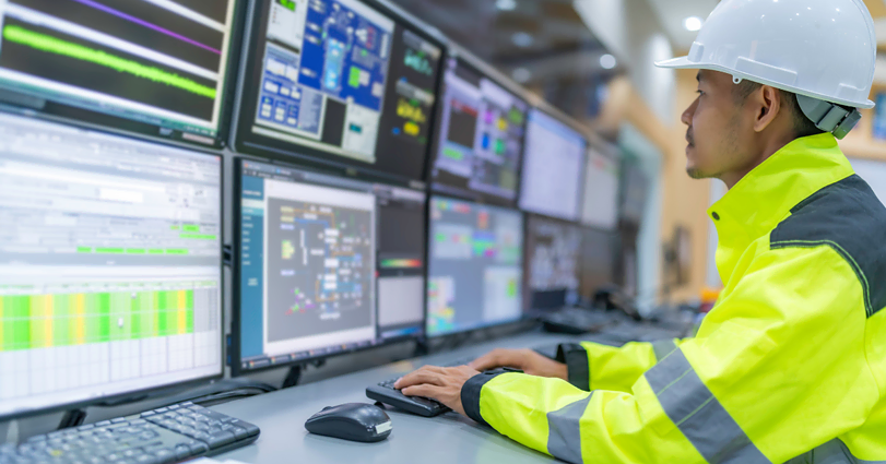 A worker in a high-visibility jacket and white hard hat is seated at a desk, operating multiple computer monitors displaying various data and graphs. The setting appears to be a control room or a monitoring station.