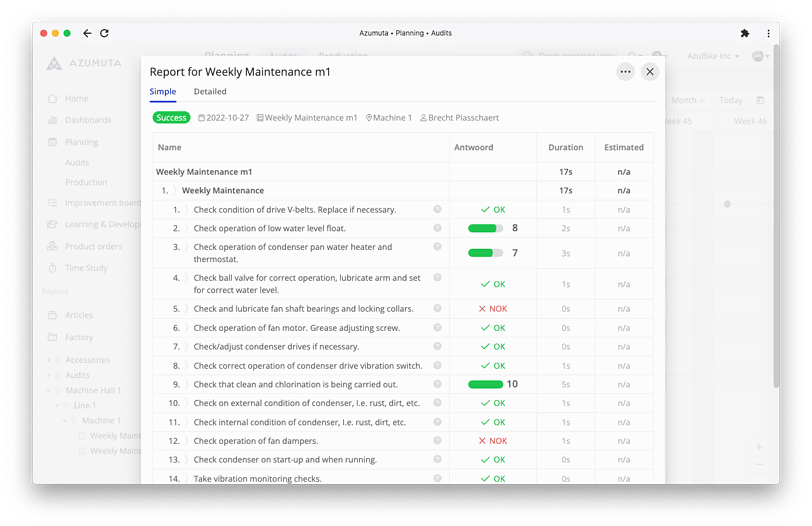 A digital report for weekly maintenance tasks is displayed on a computer screen, highlighting the status of various checks. Tasks listed include checks on vehicles, condensers, lubrication systems, and exhausts. Green checkmarks indicate completion; red 'X' marks indicate pending tasks.