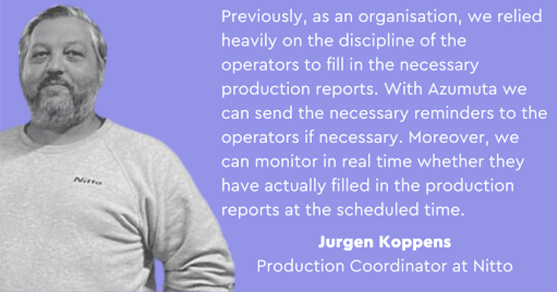 A man with gray hair and a beard is standing against a purple background, wearing a gray Nitto sweatshirt. Text beside him discusses how his organization now uses Azumuta to send necessary report reminders and monitor real-time report completion. His name, Jurgen Koppens, and role, Production Coordinator at Nitto, are displayed.