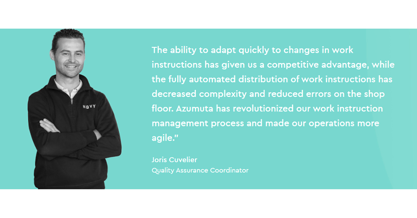 A man stands with arms crossed against a green background. Next to him is a testimonial quote praising Azumuta for improving work instruction management and operational agility, attributed to Joris Cuvelier, Quality Assurance Coordinator.