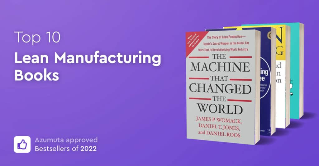 A book titled "The Machine That Changed The World" by James P. Womack, Daniel T. Jones, and Daniel Roos is shown against a purple background. The text on the image reads "Top 10 Lean Manufacturing Books" and "Azumuta approved Bestsellers of 2022.