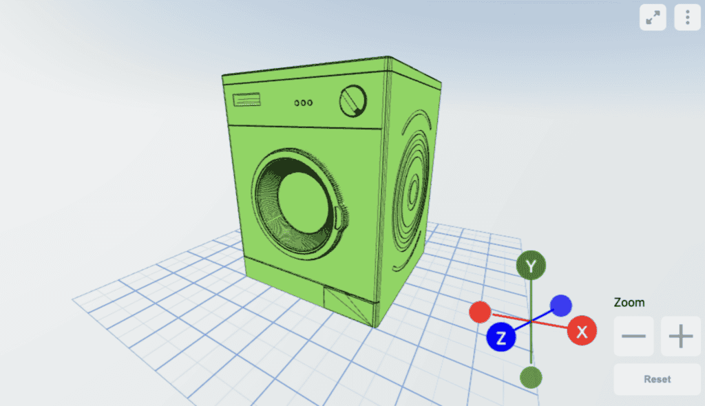 3D wireframe model of a washing machine, displayed on a grid. Controls for zooming and axis rotation in the x, y, and z directions are visible in the bottom right corner. The machine is green with a front-loading door and control panel on the front.