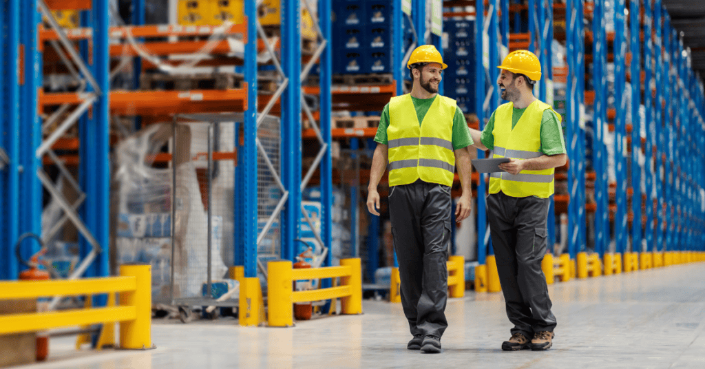Two workers wearing yellow hard hats and reflective vests walk together through a warehouse. They are smiling and engaging in conversation while surrounded by tall blue storage racks filled with various goods. The warehouse has yellow safety barriers along the aisle.