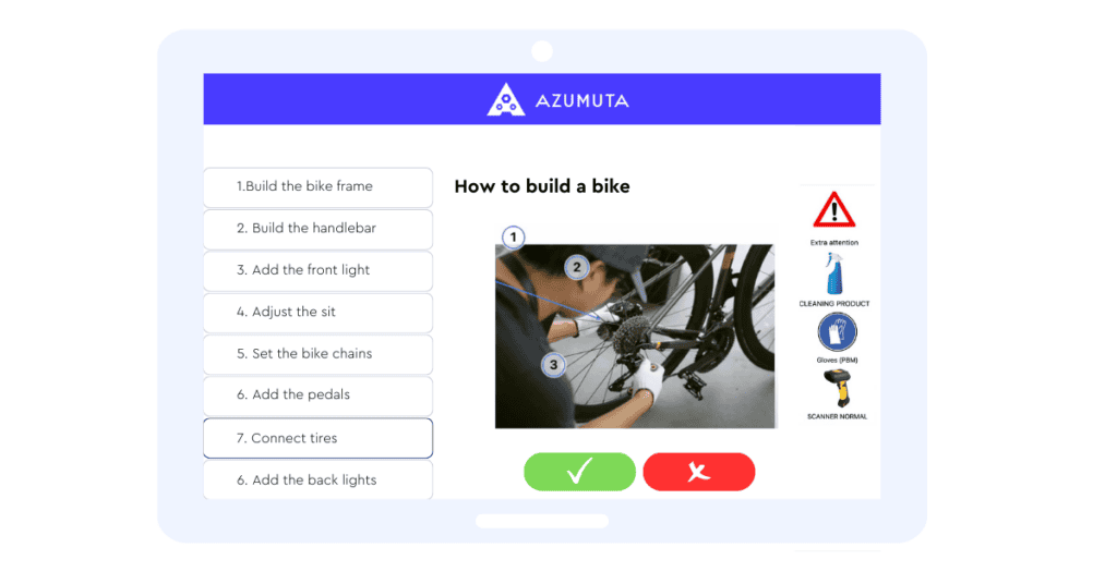 Illustration of an instructional webpage titled "How to build a bike." The page lists steps to assemble a bike, with a highlighted image showing connecting tires. The image also includes attention, cleaning product, and shower normal safety icons.