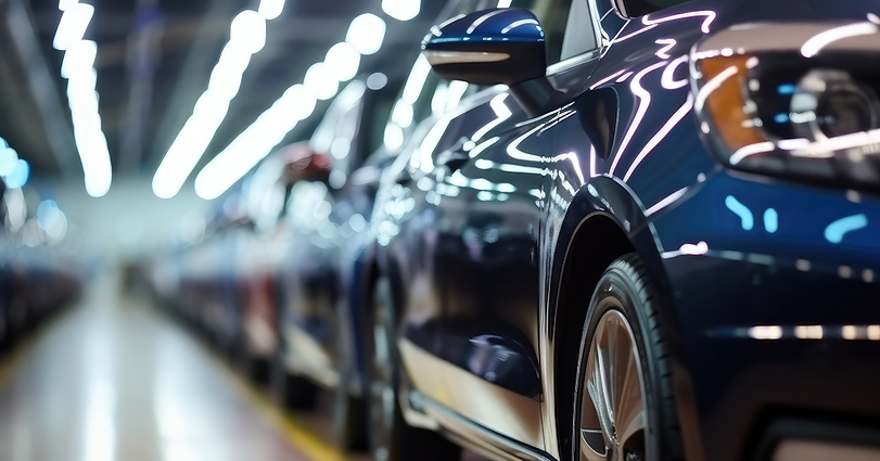 Close-up of a row of modern cars in a well-lit showroom or factory. The focus is on the side of a shiny blue car, highlighting its sleek design and polished surface. Rows of overhead lights create a bright, reflective environment.