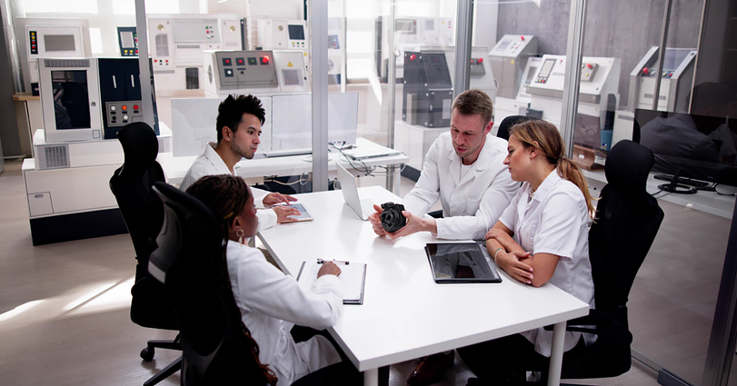 A group of four people in white lab coats are seated around a table in a modern laboratory. They are engaged in a discussion, with one person holding a mechanical part. Various technical equipment and control panels are visible in the background. .