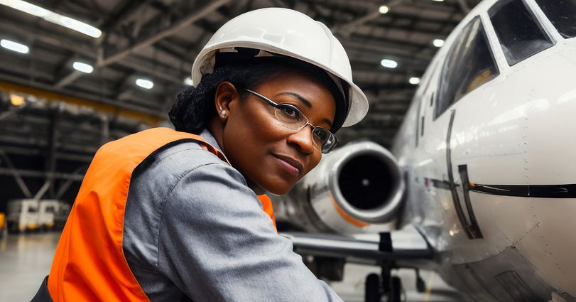 A woman in a white hard hat and orange safety vest stands in an aircraft hangar. She is positioned next to a large airplane, gazing thoughtfully into the distance. The background shows parts of the hangar and other aircraft elements.