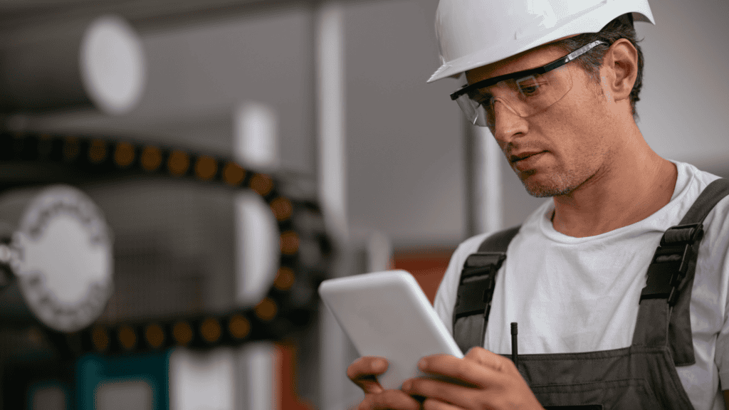 A worker wearing a white hard hat, safety glasses, and work overalls stands in an industrial setting, looking intently at a tablet device. Industrial equipment is visible in the blurred background.