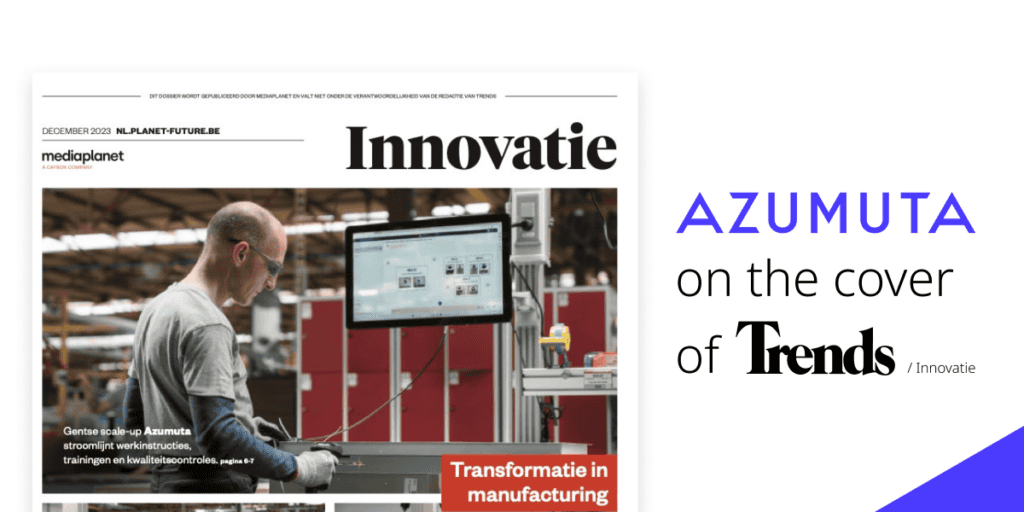 Image of a magazine titled "Innovatie," featuring a worker in a manufacturing setting on the front cover. The text "AZUMUTA on the cover of Trends" is prominently displayed on the right side. The magazine highlights "Transformative in manufacturing.