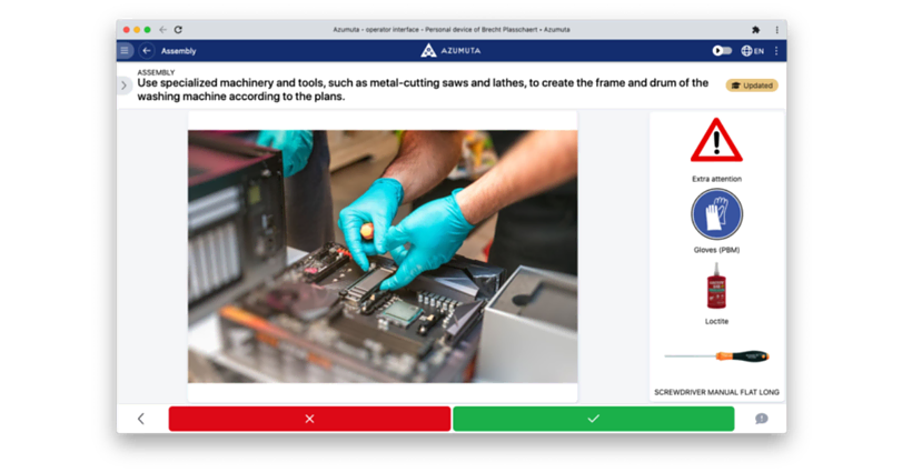 A person wearing blue gloves operates on an electronic circuit board inside a device. Text above and to the right of the image discusses the use of specialized machinery and tools. Warning and informational symbols are visible on the right side.