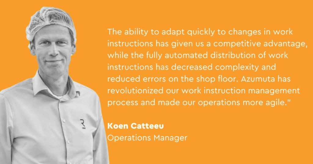 A man wearing a hairnet, white shirt, and name tag smiles at the camera. The right side of the image has text detailing his testimonial about the impact of automated work instructions on his workplace. The name 