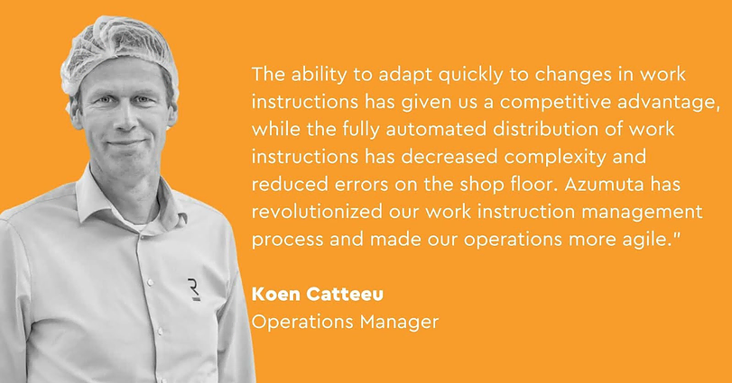 A man in a hair net and a button-down shirt stands against an orange background with text. The text discusses the benefits of automated work instructions in reducing complexity and errors in operations, attributed to Koen Catteeu, Operations Manager.