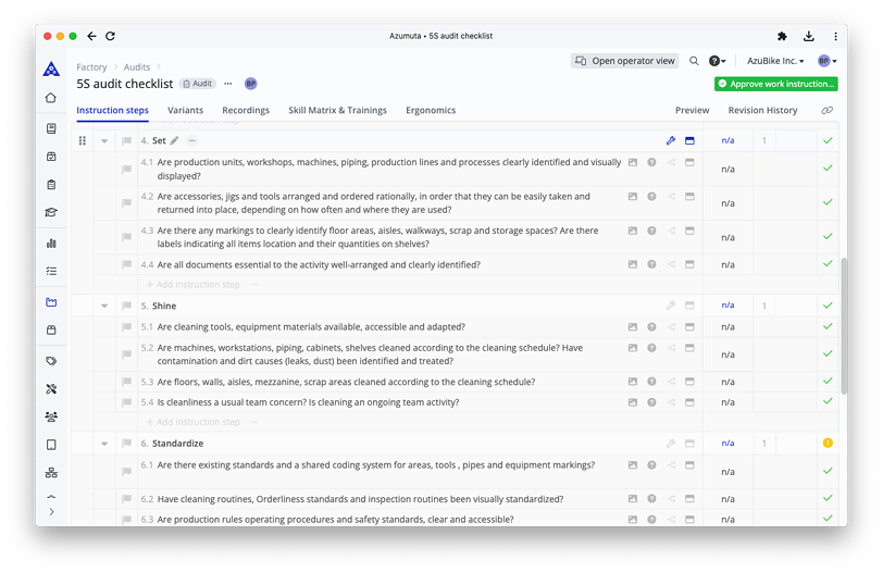 A screenshot of a 5S audit checklist displayed on a computer screen. The checklist includes sections such as 