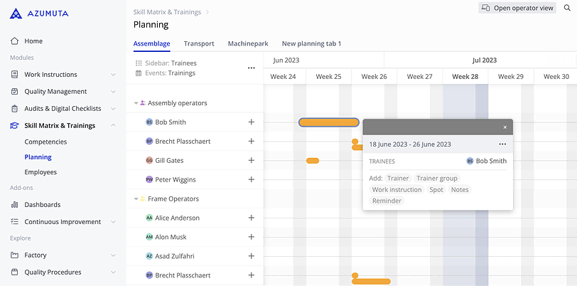 A screenshot of a project planning interface for scheduling operators. The interface displays a calendar view from June 2023, highlighting different operators' assignments. A tooltip is shown for Bob Smith, listing training details and options to add a trainer or work instruction.