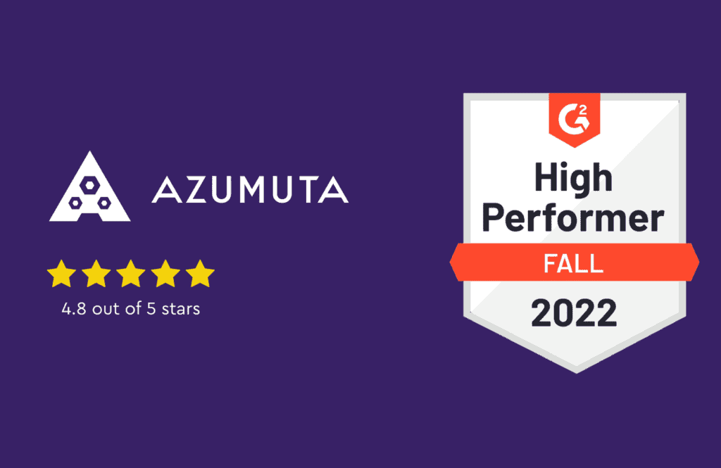 A badge for Azumuta against a purple background. On the left, Azumuta's logo is displayed with five yellow stars and the text "4.8 out of 5 stars." On the right, a G2 badge reads "High Performer, Fall 2022.