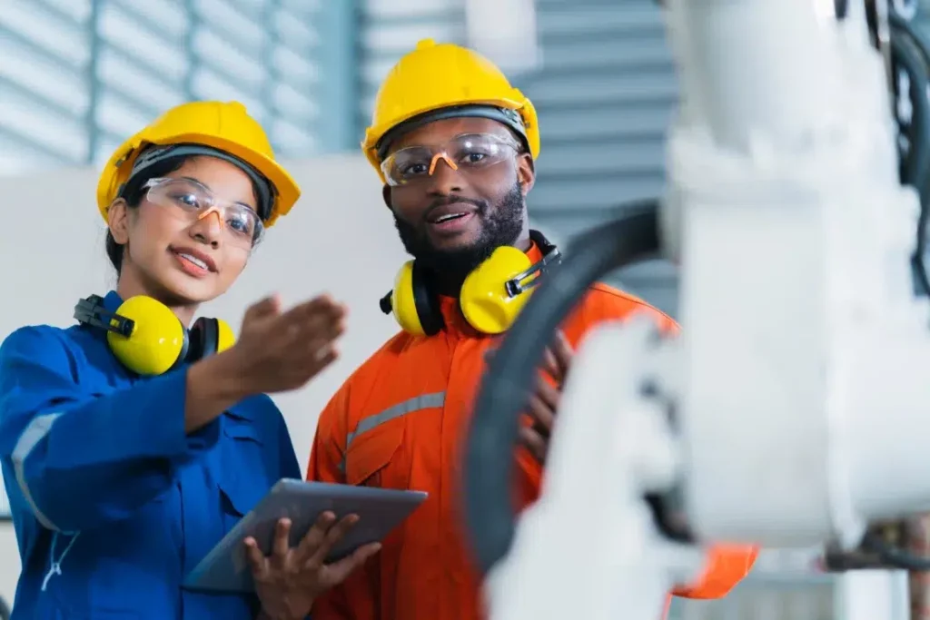 Two engineers in hard hats, safety goggles, and protective clothing are inspecting an industrial robot. The female engineer holds a tablet and points towards the robot, while the male engineer looks on attentively. Both wear yellow ear protectors.
