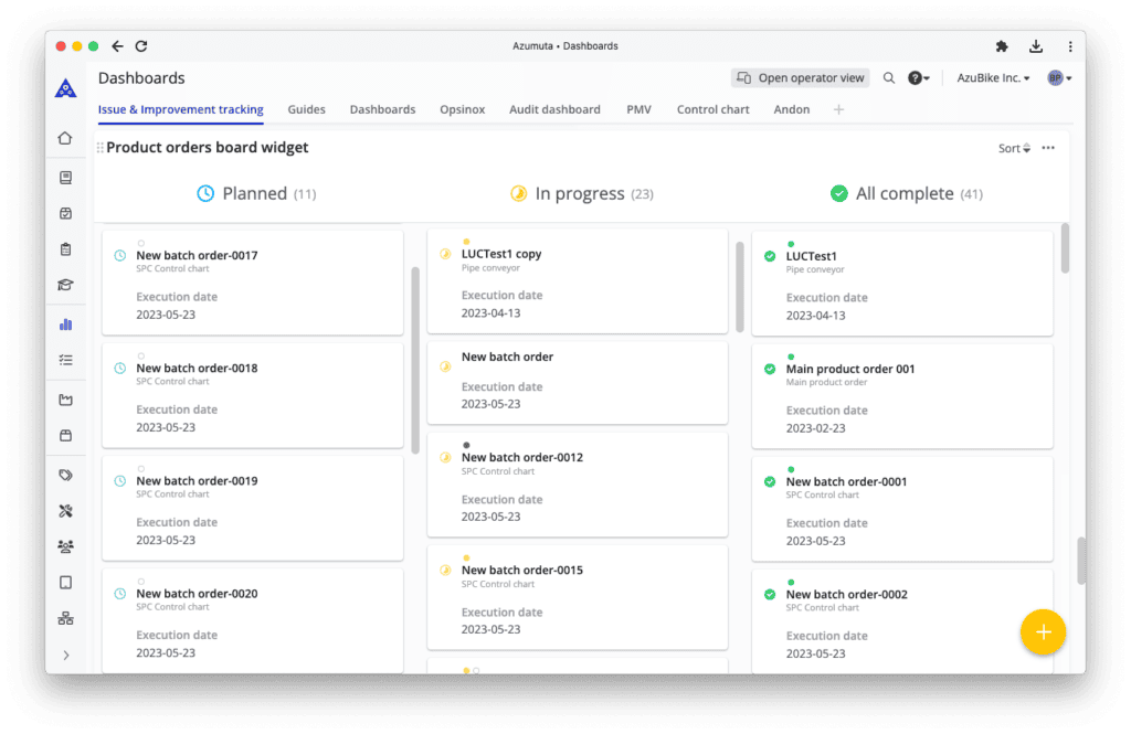 A digital dashboard displaying a product orders board widget divided into three columns: Planned, In Progress, and All Complete. Each column contains rectangular cards listing order details including execution date and SPC serial number. Multiple tabs are visible along the top.