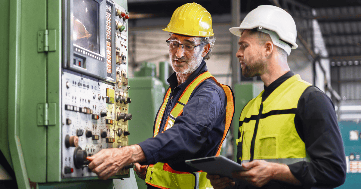 Two industrial workers in safety gear, with hard hats and high-visibility vests, are operating machinery. One older worker with grey hair is adjusting controls on a panel, while a younger worker observes, holding a tablet in a factory setting.