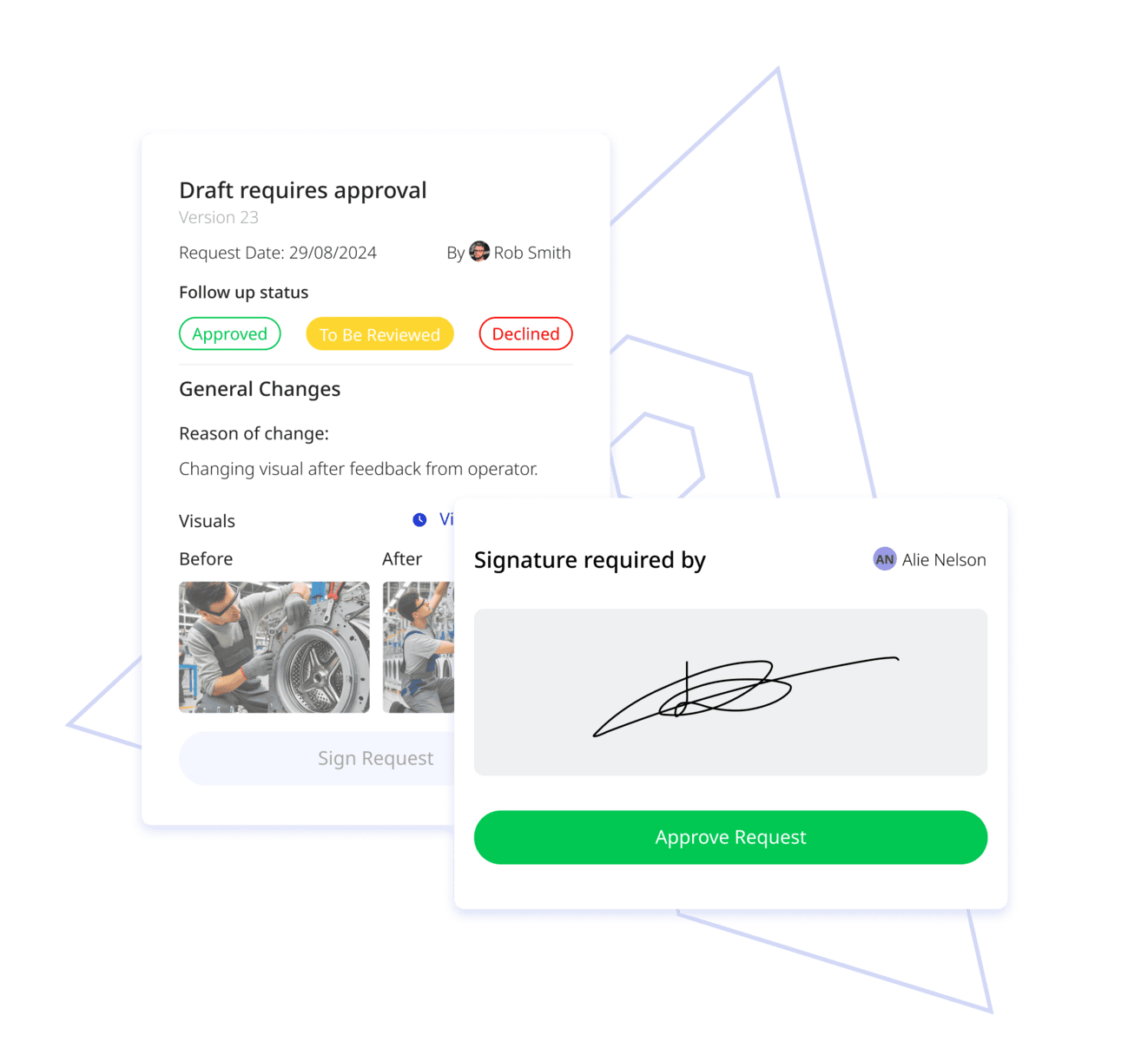 Showing an image of an approval request and how its gets accepted with an autograph.