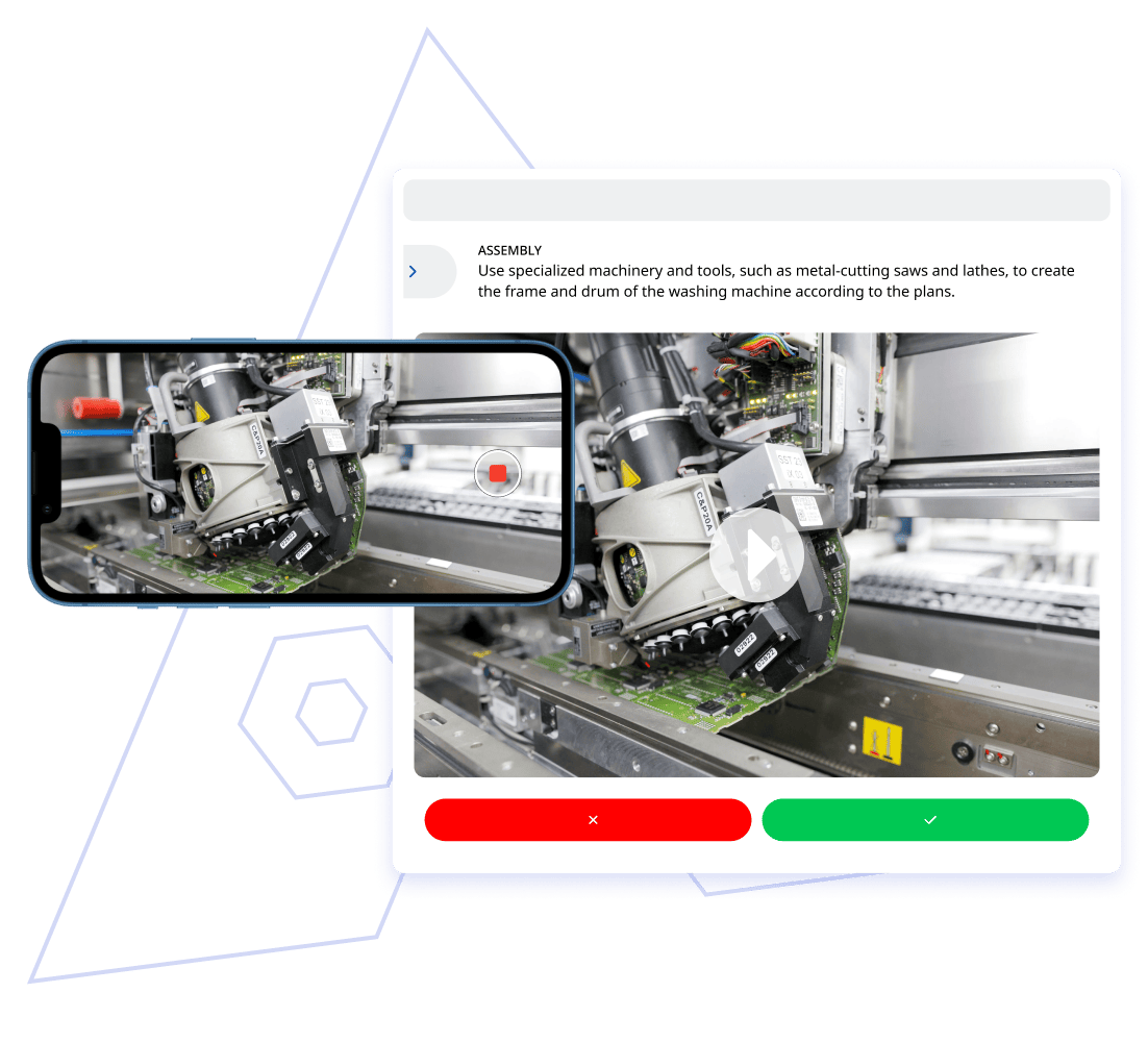 Image of a phone filming an instruction. On the right of the phone we see a Work Instruction, created from the video.