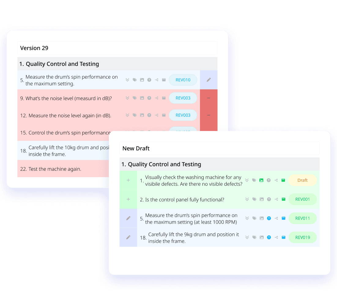 Historical comparison between two versions of digital work instructions viewed in Azumuta's platform