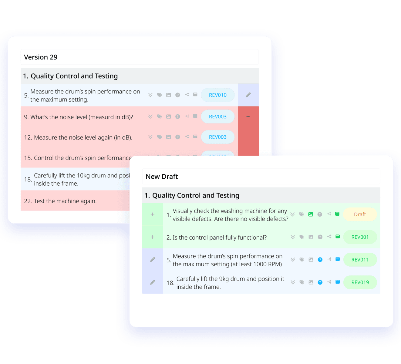 Image of different versions of a digital work instruction. Highlighting the changes in red and green.