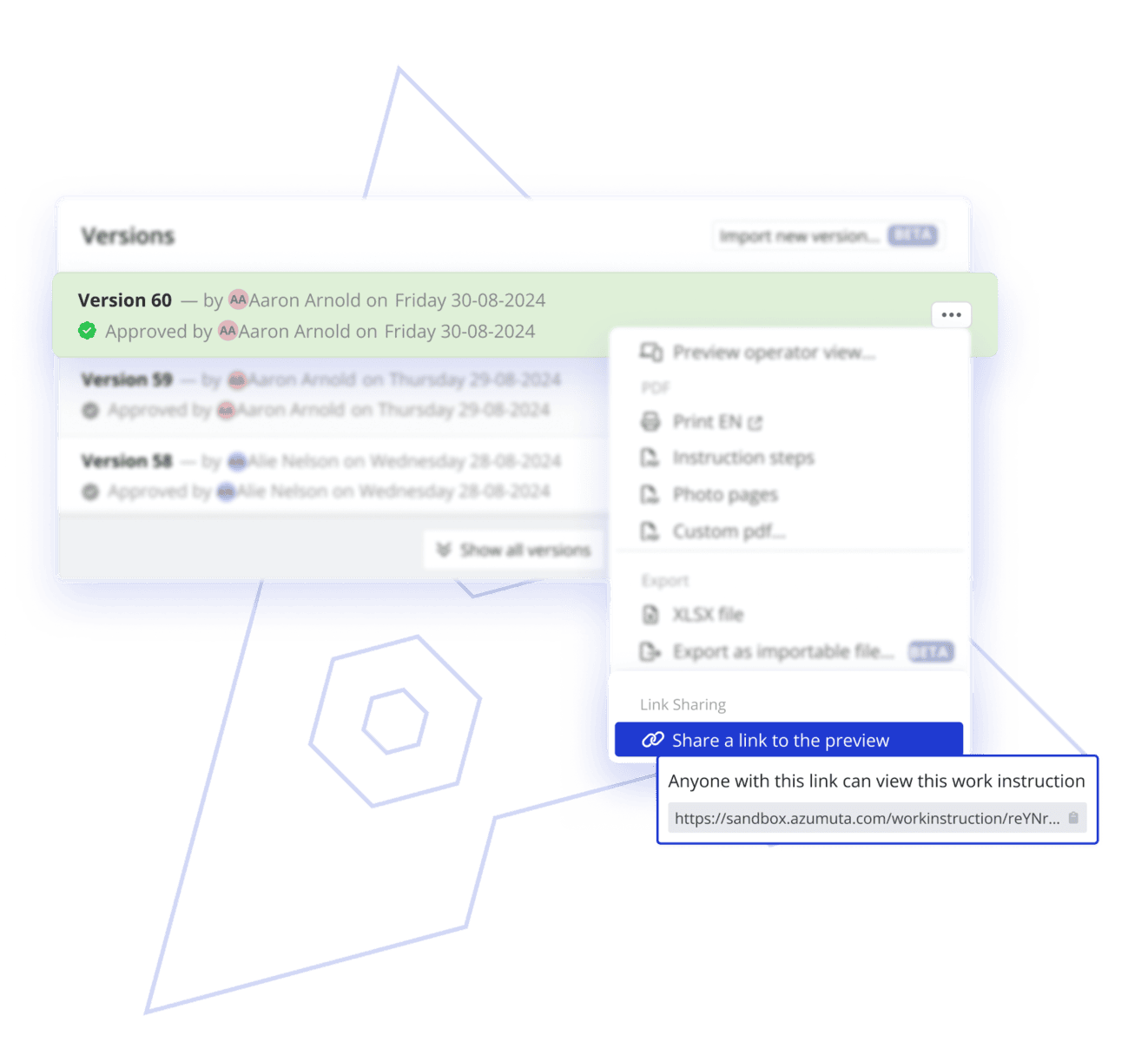 Image showing the versions list of a digital work instruction. Highlighted is the link sharing feature of a work instruction.