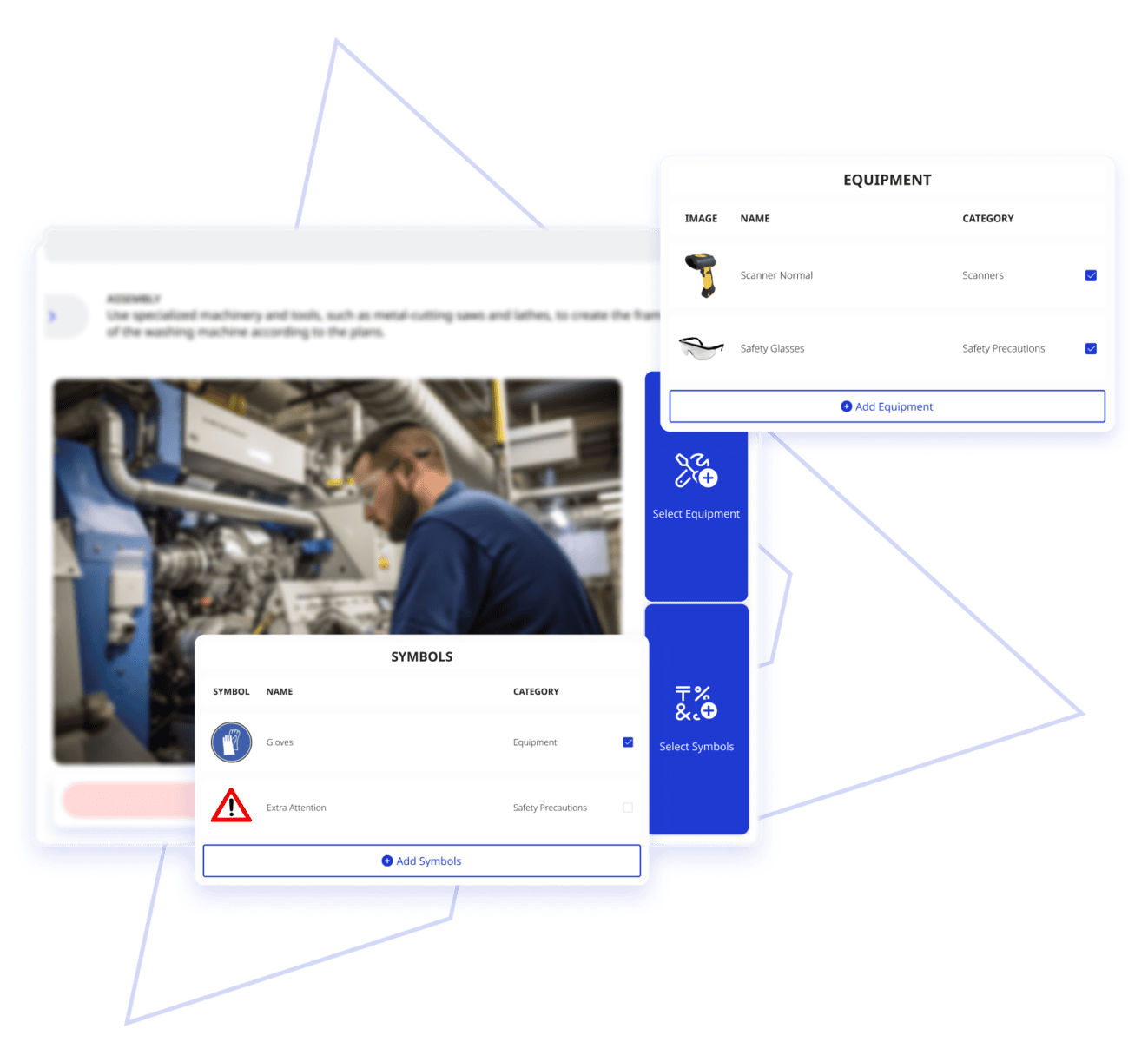 Image of a digital work instruction step where you can add equipment and symbols to the step.