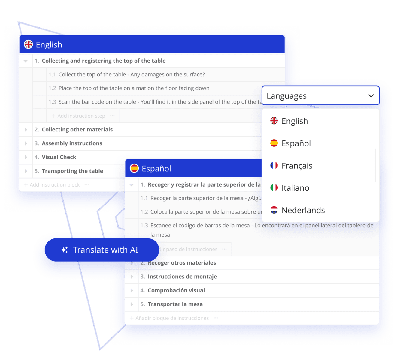 Image of digital work instructions in different languages. Also highlighting that they can be translated with AI.